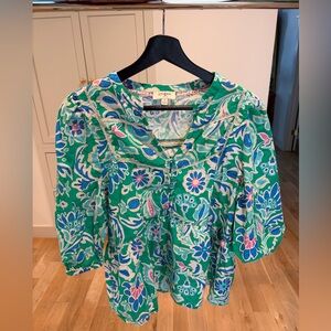 100% Cotton Umgee Green Floral Boho Blouse with Blue & Pink Accents